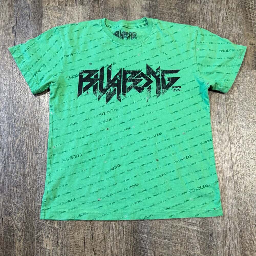 Billabong All-Over Logo Print Graphic T-Shirt Green Size L